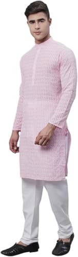 Men's Pure 100% Cotton Kurta Pyjama Set with White Embroidery4