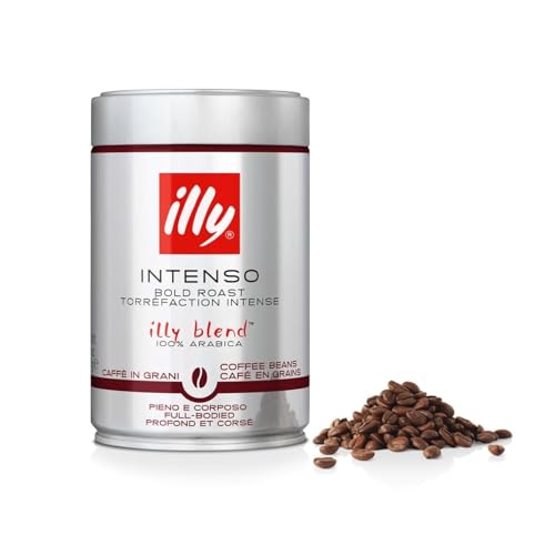 illy, Café en Grano Molido INTENSO, 100% Arábica con Notas de Cacao y Frutos Secos, Sabor Decidido y Intenso, 1 Lata de 250g