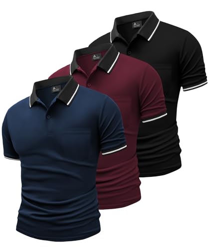 SwissWell 3 Pièces Polo Homme Manches Courtes Golf Anti Transpiration Polos de Sport Homme Respirant Eté Tshirt, Rouge Bordeaux+Noir+Marine M