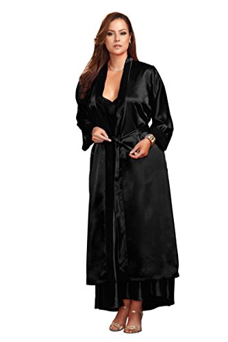 iCollection Women's Plus-Size Long Satin Robe, Black, 3X/4X