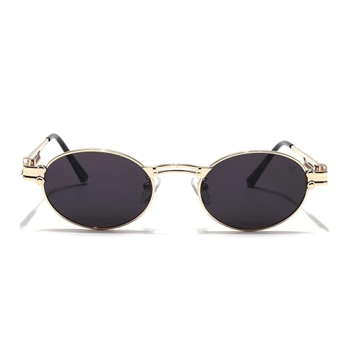 Image of Oval Sunglasses, Gold Metal Frame with Dark Grey Lenses, Steampunk Style