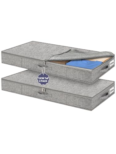 mepure Low UnderBed Storage Bags, 12CM High Shallow Under Bed Storage Boxes With Lids, Thin Under Sofa Storage Organizer W/Sturdy Structure, Foldable UnderBed Clothes Storage For College Dorm, 2 Pack