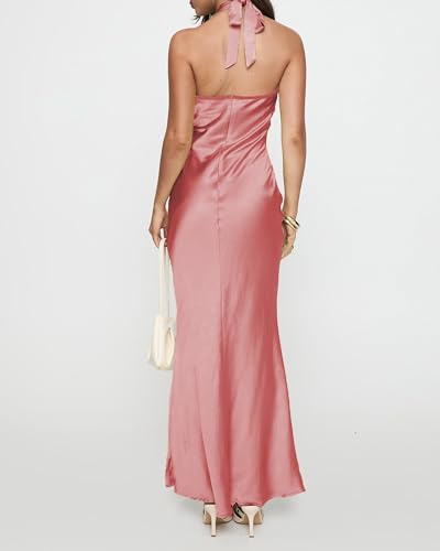 Image of Women's Satin Dresses Summer Bodycon Sexy Halter V Neck Backless Elegant Formal Prom Cocktail Wedding Guest Maxi Dress