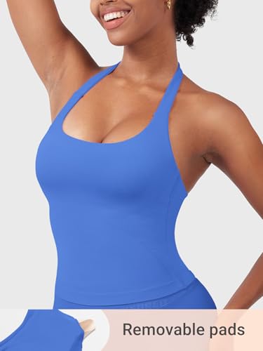 Image of YEOREO SoftHue Women's Impact Halter Tank Top Longline Backless Scoop Neck Built-in Bra Sports Workout Gym Crop Top