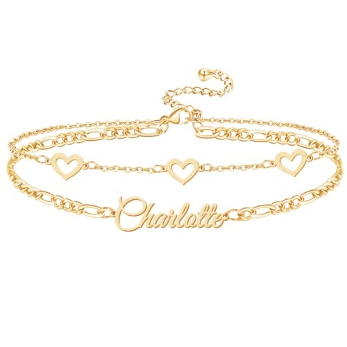 Pinkfulum Custom Bracelet with Name 18K Gold Plated Personalized Name Ankle Bracelet Adjustable...
