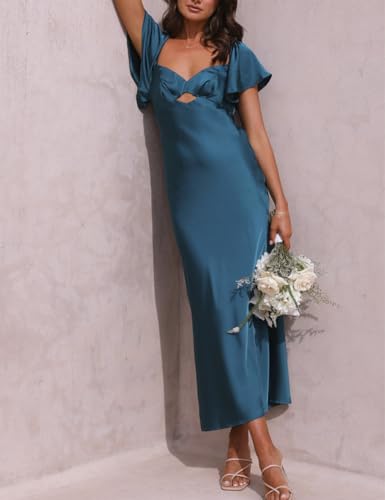 Image of Summer Satin Flutter Sleeve Wedding Guest Dresses for Women Sweetheart Neckline Cutout Tie Back Midi Cocktail Dress
