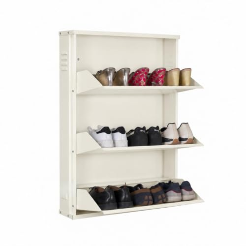 Image of DELITE KOM AIRO 24 inch 3 Shelf Metal Shoe Rack Wall Mounted for Home with Lock | Air-Vent Designer Panels Keep Shoes Odour-Free | Holds 9 Shoes or 15 Slipper Pairs | 1Yr Warranty | 41x24x5 Ivory | DIY