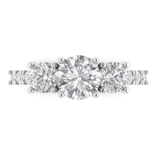 2 Ct Round Cut Clear Zircon 14K White Gold Solitaire W/Accents 3 Stone Engagement Bridal Wedding Anniversary Designer Ring