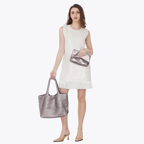 Image of Woven Tote Bag Womens Purse Vegan Leather Shoulder Handbags Fashion Summer Beach Tote Bags Large Travel Totes