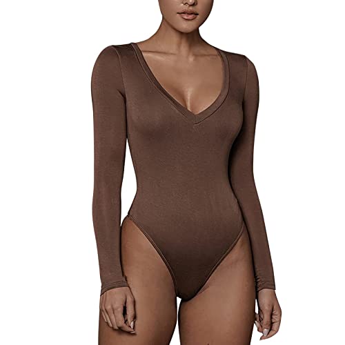 Genérico Body Ultraligero Sexy de Manga Larga y Cuello en V para Mujer Pijama Adulto, café, M