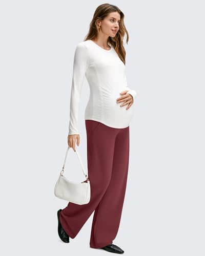 Image of G4Free BareFeel Maternity Pants Over the Belly Pregnancy Trousers for Work | High Waist Coverage,Two Side Pockets,Wide Leg Design,Soft Knit Fabric,for Dress Casual Yoga