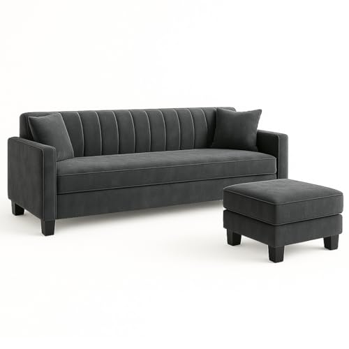 Image of Furny Aveira 3 Seater Fabric Sofa Set with Ottoman (Dark Grey) | Soft Velvet Fabric | Modern Design | Comfortable Seating | Living Room Furniture