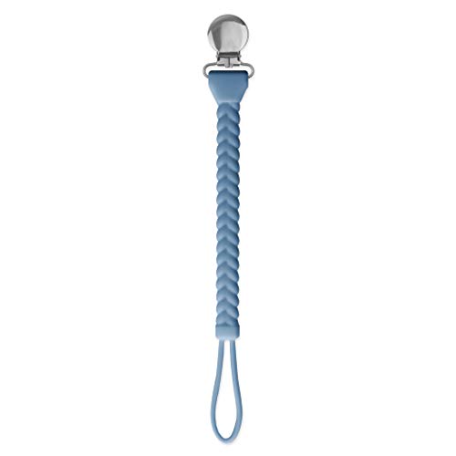Image of Itzy Ritzy Silicone Pacifier Clip; 100% Silicone Pacifier Strap with Clip Keeps Pacifiers, Teethers & Small Toys in Place; Features Cute Braid Detailing & Cord, Blue with Silver Clasp
