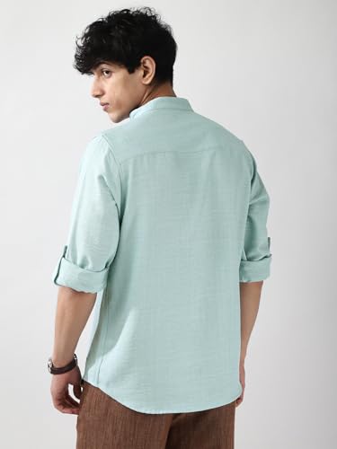 Image of Urbano Fashion Men's Linen Blend Full Sleeve Relaxed Fit Mandarin Collar Casual Solid Shirt