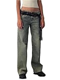 Damen Jeans mit weitem Bein, mittelhoher Bund, Reißverschluss, nicht dehnbar, Retro, gerade, volle Länge, lässig, Alltag, Sand-Waschung, Blau, M