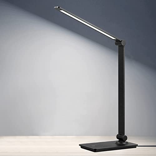 Luce da tavolo LED Nera, lampada da tavolo Dimmerabile 8W Controllo a Sfioramento, 3 livelli di luminosità 6000K, Lampada da Tavola Regolabile, Lampada da lettura Pieghevole, Lampada da scrivania USB