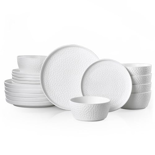 KINGSTONE Ceramic Dinnerware Set, 18-Piece Porcelain Plates and Bowls Set for 6, Matte Black or White, Hammered Texture, Microwave, Dishwasher & Oven Safe, Perfect for Home, Weddings & Gifts