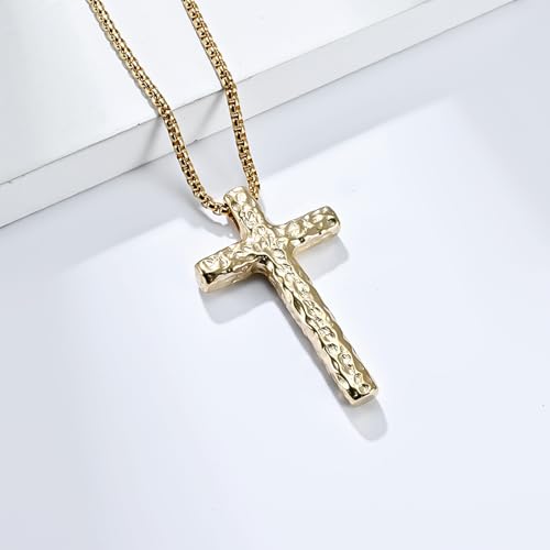 Collier croix en acier inoxydable pendentif texturé martelé style rétro