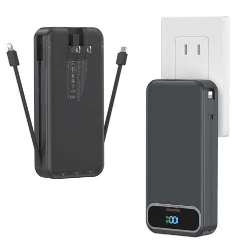 20000mAh Lightweight-Portable-Charger-Power-Bank with Built-in Cables and AC Wall Plug, PD20W USB-C Fast Charging Battery Pack, LED Display External Travel Phone Charger for All iPhone,Samsu