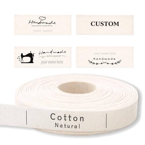 50-500pcs Custom Sewing Labels for Handmade Items, Made with Love Tags, Personalized Fabric Labels, Cotton Washable Sew-On Clothing Labels for DIY Crafts, Crochet, Quilts