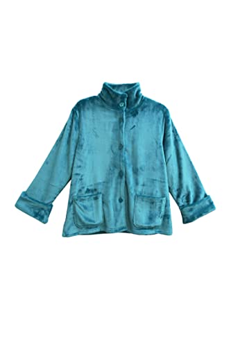LA CERA Women's Fleece Bed Jacket with Stylish Banded Collar, Long Sleeves, Front Pockets, Button Front, 100% Polyester3