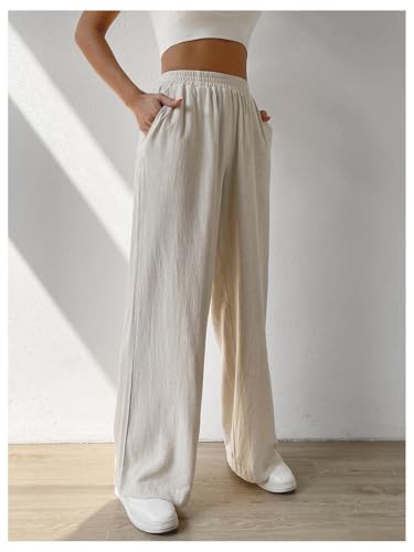Verdusa Women's Linen Pants Elastic High Waisted Wide Leg Casual Loose Trousers with Pockets3