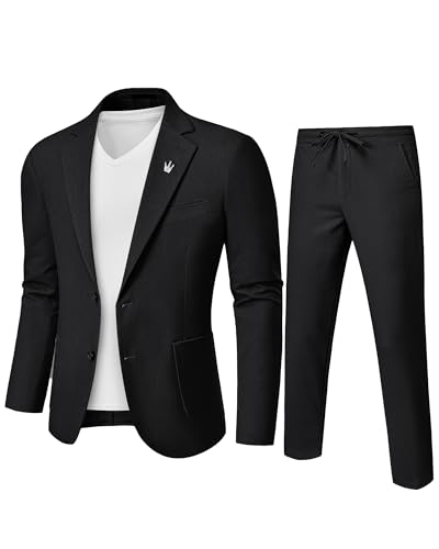 MY'S Men's 2 Pieces Linen Suit Slim Fit, Two Buttons Lightweight Jacket and Pants for Beach Wedding, Casual, or Summer Time