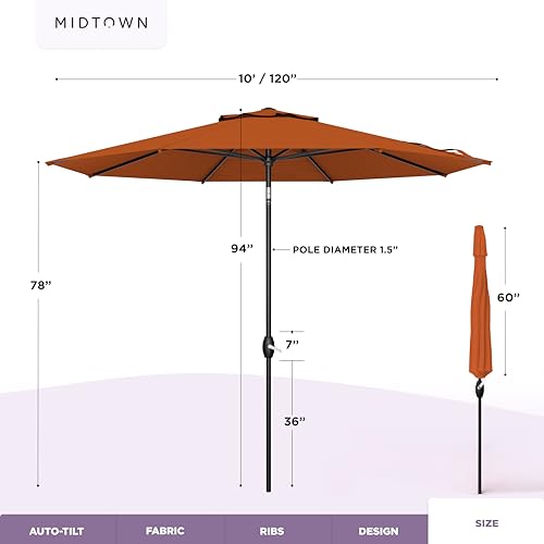 Image of Midtown Umbrellas - The Lean 10 Ft Patio Umbrella with 10-Year-No-Fade Acrylast Acrylic Fabric, Auto-Tilt and 8 Reinforced Ribs for Deck, Pool, Garden, Hotel & Cafes - Sienna Rust Canopy, Black Pole
