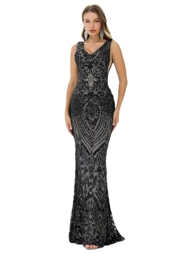 Image of Women's Wedding Bridesmaid Gown Sequined Mermaid V Neck Sleeveless Evening Dress