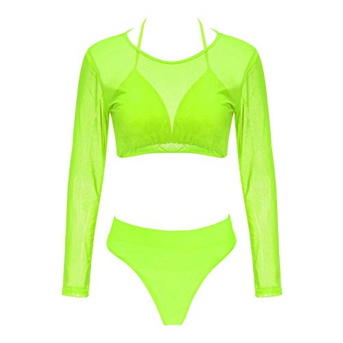Meyeeka Women's Two Piece Long Sleeve Cover Up Bikini Sets High Waist Swimsuit M Lemon Green