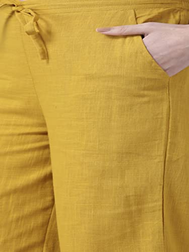 Image of ishin Women's Cotton Mustard Yellow Embroidered A-Line Kurta set With Salwar