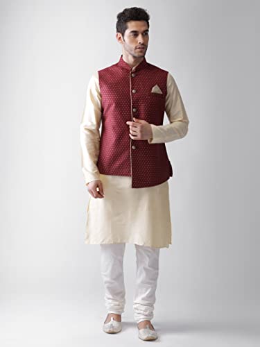 Image of KISAH Men's Cream Jacquard Silk Blend Nehru Jacket- Traditional Indian Waistcoat for Weddings & Royal Parties