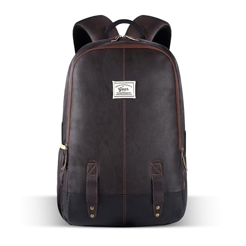 Image of Gear Classic 19 inch /23L Medium Faux Leather (without Anti Theft) Water Resistant Laptop Backpack /Casual Backpack /Daypack /Travel Backpack /College Bag For Men /Women (Brown-Black)