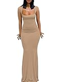 Bodycon Dresses for Womens 2026 Summer Khaki Sexy Maxi Cap Sleeve Tight Y2K Dupes Lounge Streetwear Fitted Wedding Guest Long Formal Dress S