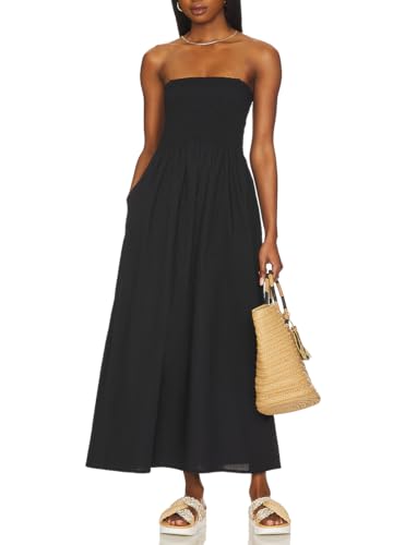 Image of Aigeman Women Detachable Strap Dress Strapless Smocked Bodice Maxi Dress Pockets Long Swing Flowy Beach Sundress 373
