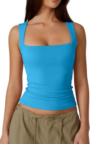 QINSEN Women's Square Neck Sleeveless Double-Layer Peacock Bluek Tops Basic Tight T Shirts Peacock Blue M