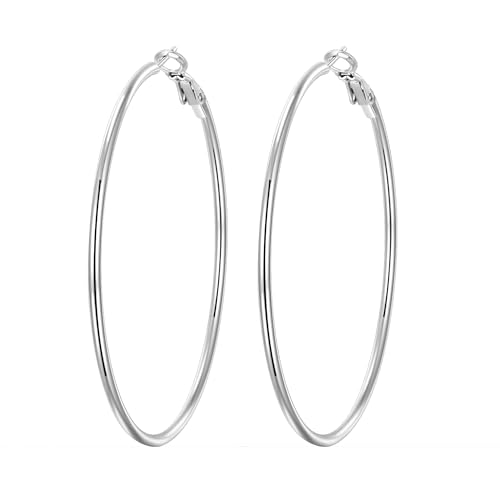 PICKBEAU Silver Dangle Hoop Earrings for Women, 14K White Gold Plated Stainless Steel Earrings Drop Hypoallergenic Hoops Earrings(60mm)