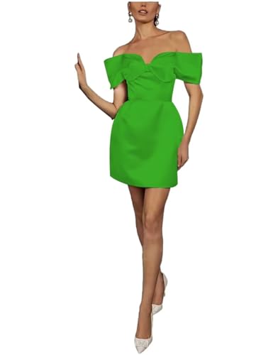 Image of Women;s Off the Shoulder Homecoming Dresses with Bow Satin Short Green Prom Dress 2026 Simple Wedding Guest Gown Size 16