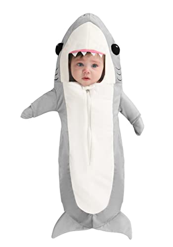 Fun Costumes Infant Shark Bunting Costume - Hooded Bunting with Fin-Shaped Sleeves and Soft Sculpted Eyes, Gray (0/3 Months)
