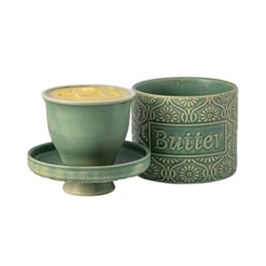 TEATALK 6.7 OZ French Butter Crock, Butter Dish with Lid, Ceramic Butter Crock for Counter with Water, Butter Keeper for Spreadable Butter, Green