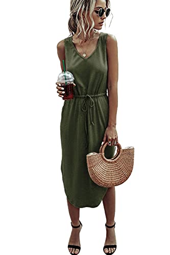 Beachsissi Women Asymmetric Hem Drawstring Waist Sleeveless Midi Casual Party Dress Solid Color Green