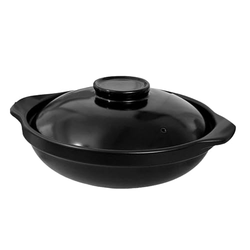 Olla de cocción multifuncional con tapa, olla de arcilla resistente al calor para sopa y guiso de bibimbap, olla de porcelana de litio de boca ancha y poco profunda para platos