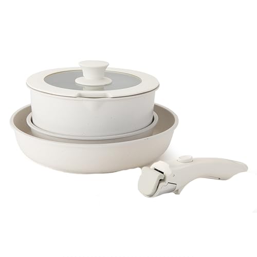 Topfset Töpfe Pfannen Abnehmbarer Griff: Kochgeschirr Set Induktion Töpfe mit Antihaft Beschichtet für Alle Herdarten Spülmaschinenfest (Gebrochenes Weiß, 5 Teiliges Set)