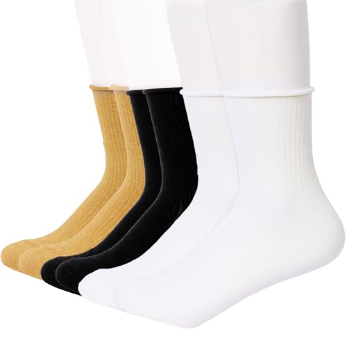 Image of Feeto Women's Roll Top Socks - Fashionable Cotton Crew Socks, Multi-Colors Mix, Made in Korea - 6 Pairs