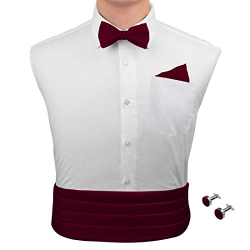 Burgundy Formal Pre-Tied Bow Tie Hanky Cufflinks And Cummerbund Set With Gift Box Cm1014 Red #TOP29