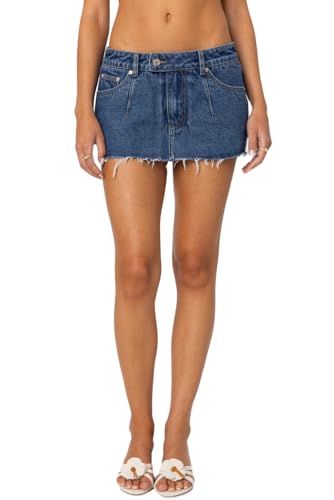 Image of Felcia Womens Low Rise Denim Skirt Solid Color Raw Trim Mini Jean Skirt with Pockets Casual Summer Streetwear (A-Blue, M)