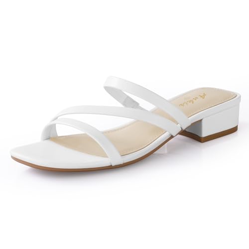 Image of Ankis Black Nude White Strappy Heels Women 1 Inch Low Chunky Block Heel Heeled Sandals Square Open Toe Slip On Slides Mules