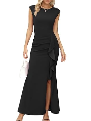 Missufe Damska sukienka balowa, maxi, sukienka wieczorowa z rękawkami skrzydełkowymi, falbanką, rozcięciem, odświętna sukienka w stylu syrenki, bodycon, na wesele, czarny, XL