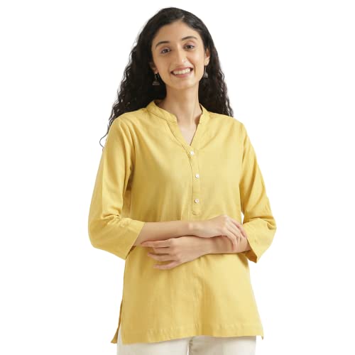 Image of SAADAA Women Short Kurti Airy Linen Regular Fit Kurta with 3 /4th Sleeves, Mandarin Collar, Side Slit Perfect for Casual, Formal, and Ethnic Wear