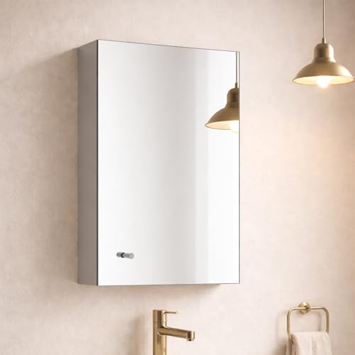 Image of BonKaso Premium Bathroom Cabinet with Mirror | 304 Stainless Steel Mirror Cabinet for Wash Basin & Bathroom Wall | Wall-Mounted Storage with Shelf (14x20 Inch, Chrome Finish)